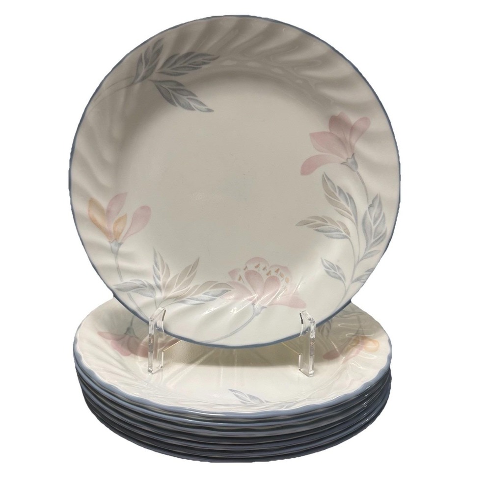 Corelle Pastel Pink Floral Salad Plates Set of 8 Blue Rim Corning USA
